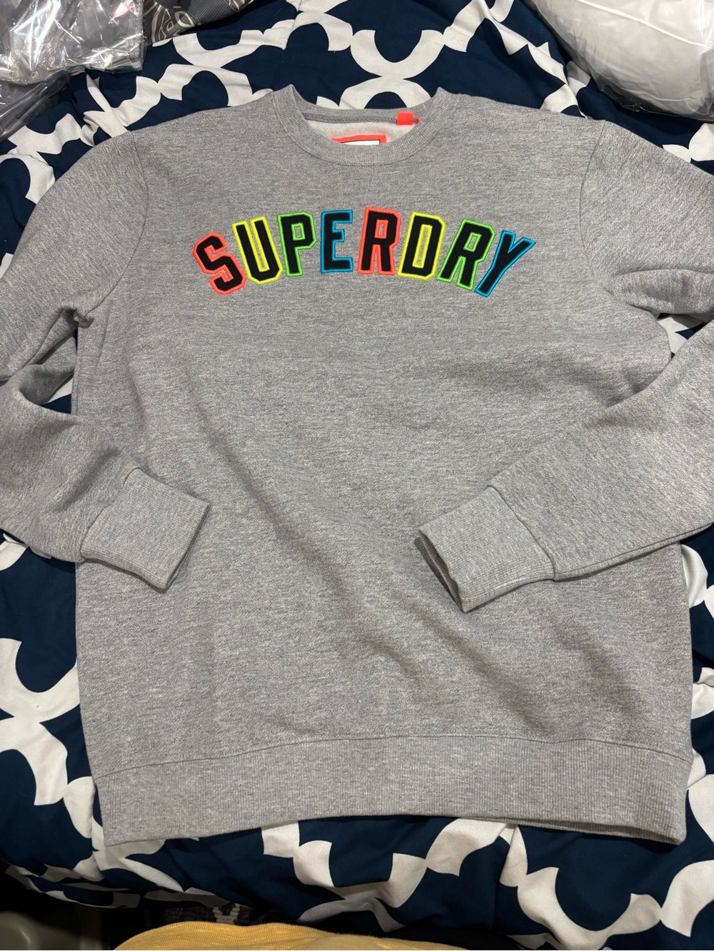 Superdry Grey Crewneck Sweatshirt with Neon Multicolor Logo